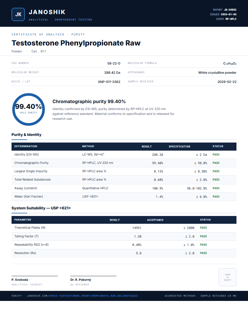 Testosterone Phenylpropionate Raw Purity (HPLC) report by Janoshik Analytical