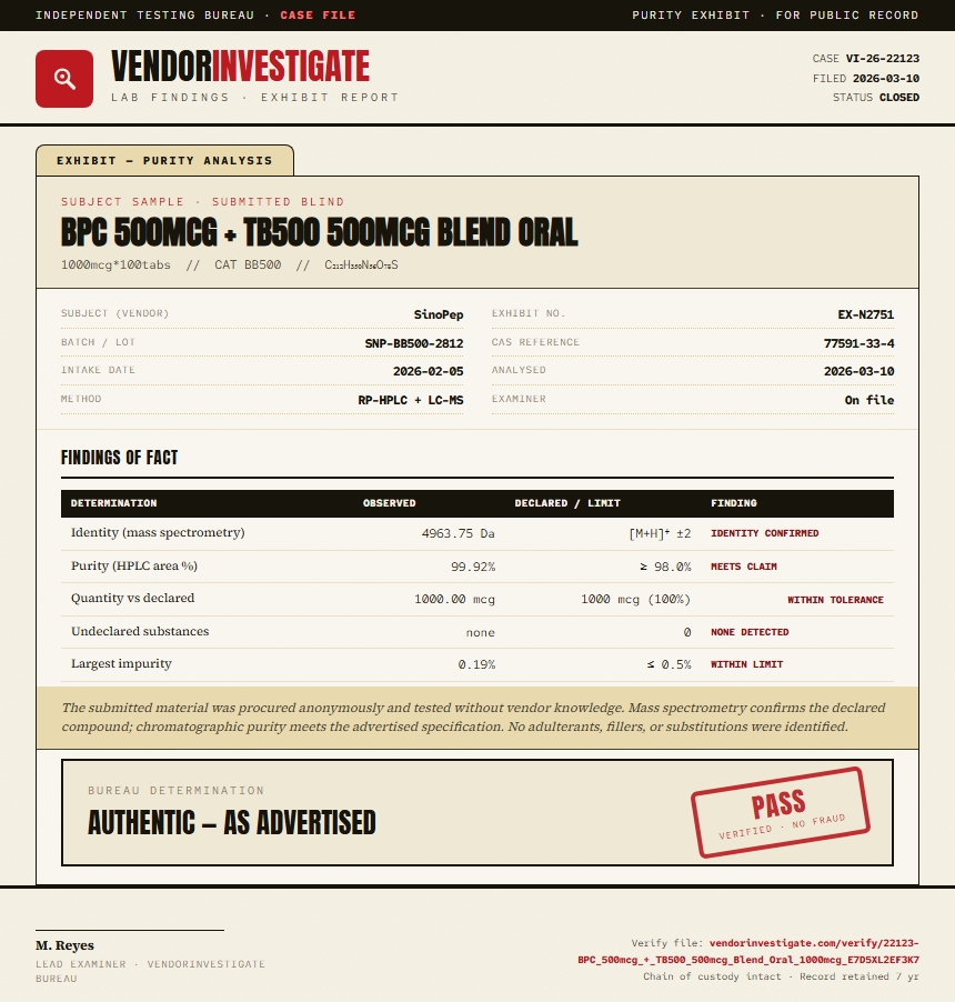 BPC 500mcg + TB500 500mcg Blend Oral Purity (HPLC) report by VendorInvestigate