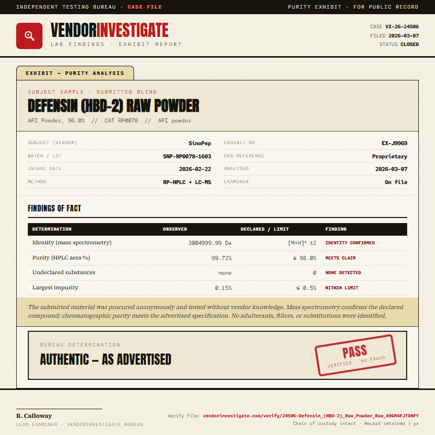 Defensin (HBD-2) Raw Powder Purity (HPLC) report by VendorInvestigate