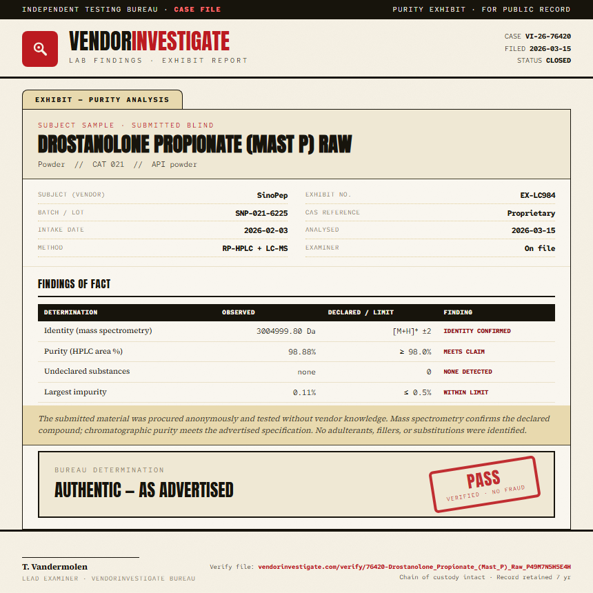 Drostanolone Propionate (Mast P) Raw Purity (HPLC) report by VendorInvestigate