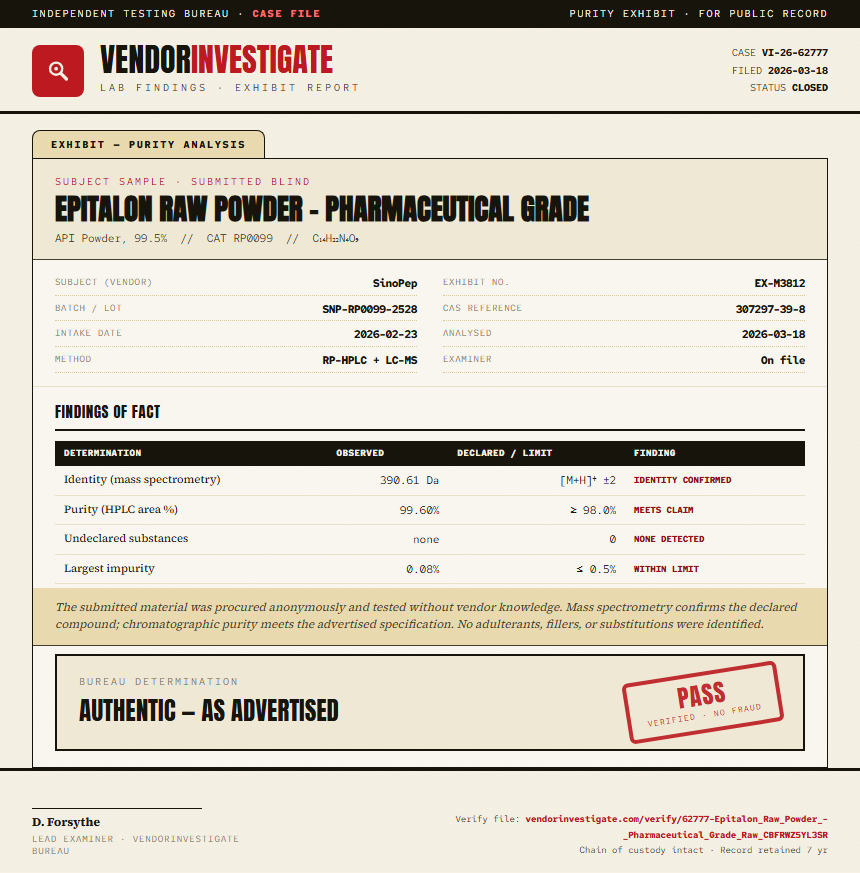 Epitalon Raw Powder - Pharmaceutical Grade Purity (HPLC) report by VendorInvestigate
