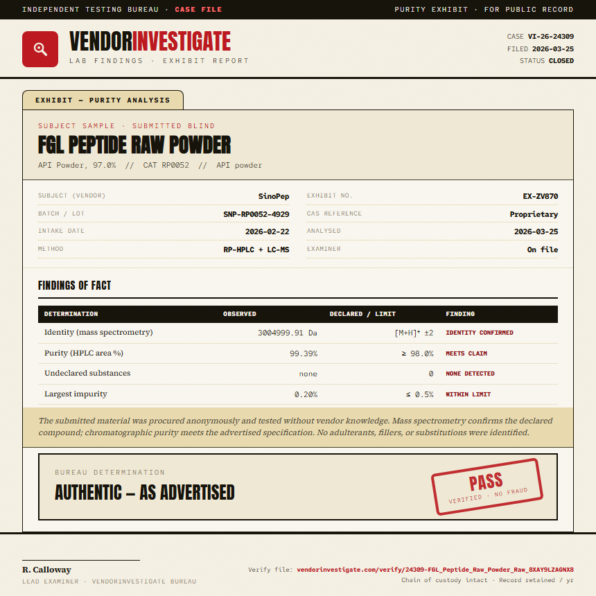 FGL Peptide Raw Powder Purity (HPLC) report by VendorInvestigate