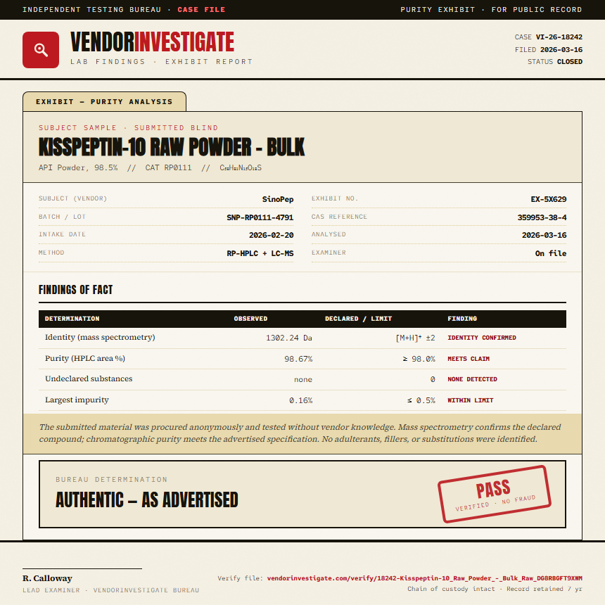 Kisspeptin-10 Raw Powder - Bulk Purity (HPLC) report by VendorInvestigate