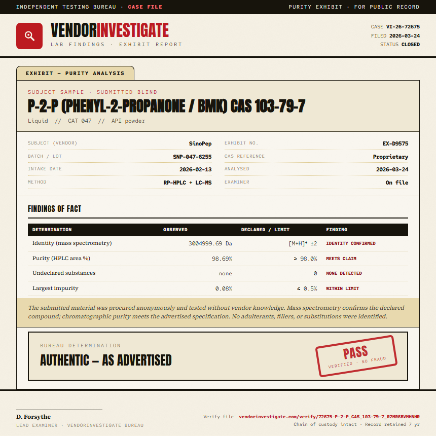 P-2-P (phenyl-2-propanone / BMK) CAS 103-79-7 Purity (HPLC) report by VendorInvestigate
