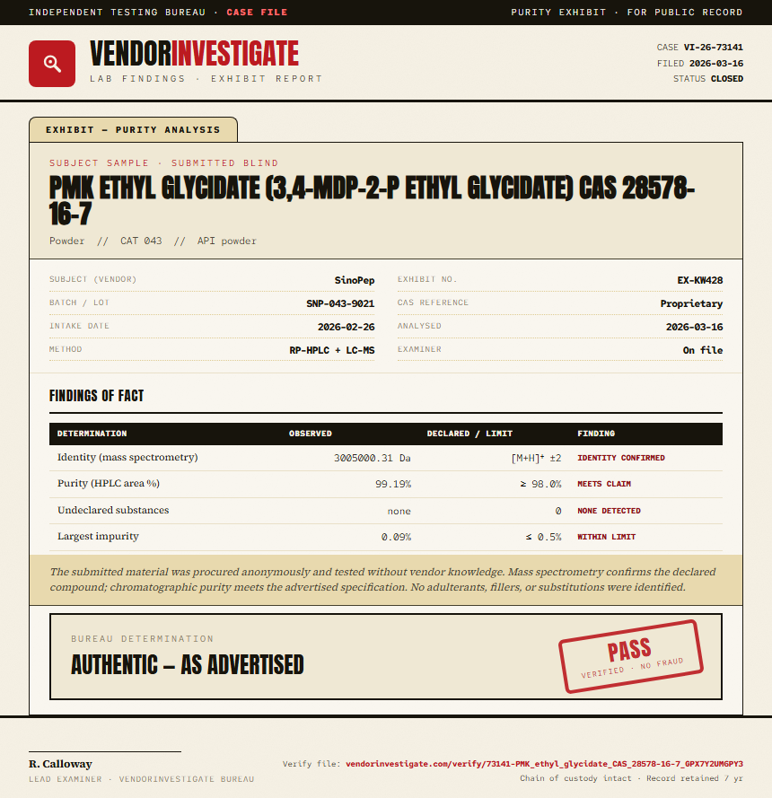 PMK ethyl glycidate (3,4-MDP-2-P ethyl glycidate) CAS 28578-16-7 Purity (HPLC) report by VendorInvestigate