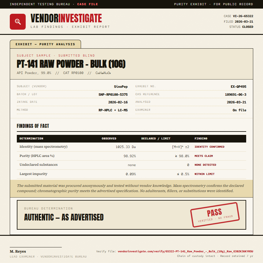 PT-141 Raw Powder - Bulk (10g) Purity (HPLC) report by VendorInvestigate