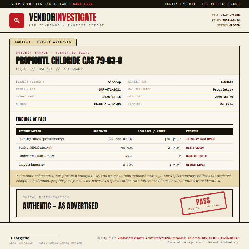 Propionyl chloride CAS 79-03-8 Purity (HPLC) report by VendorInvestigate