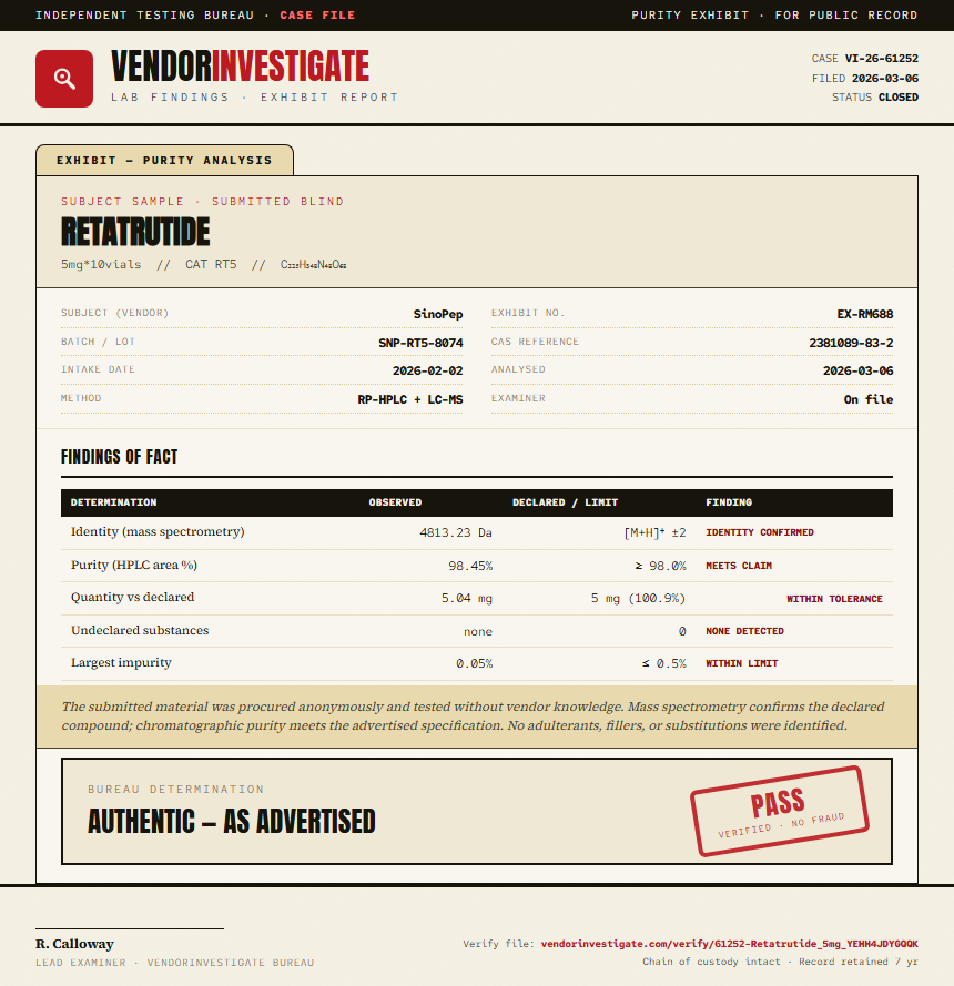 Retatrutide Purity (HPLC) report by VendorInvestigate