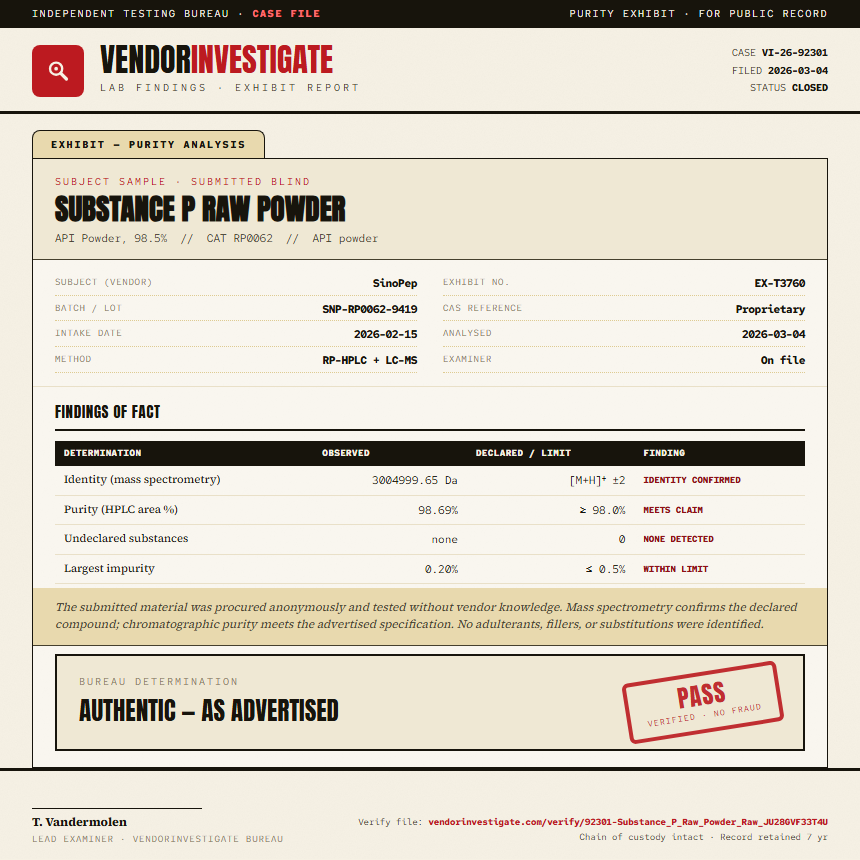 Substance P Raw Powder Purity (HPLC) report by VendorInvestigate