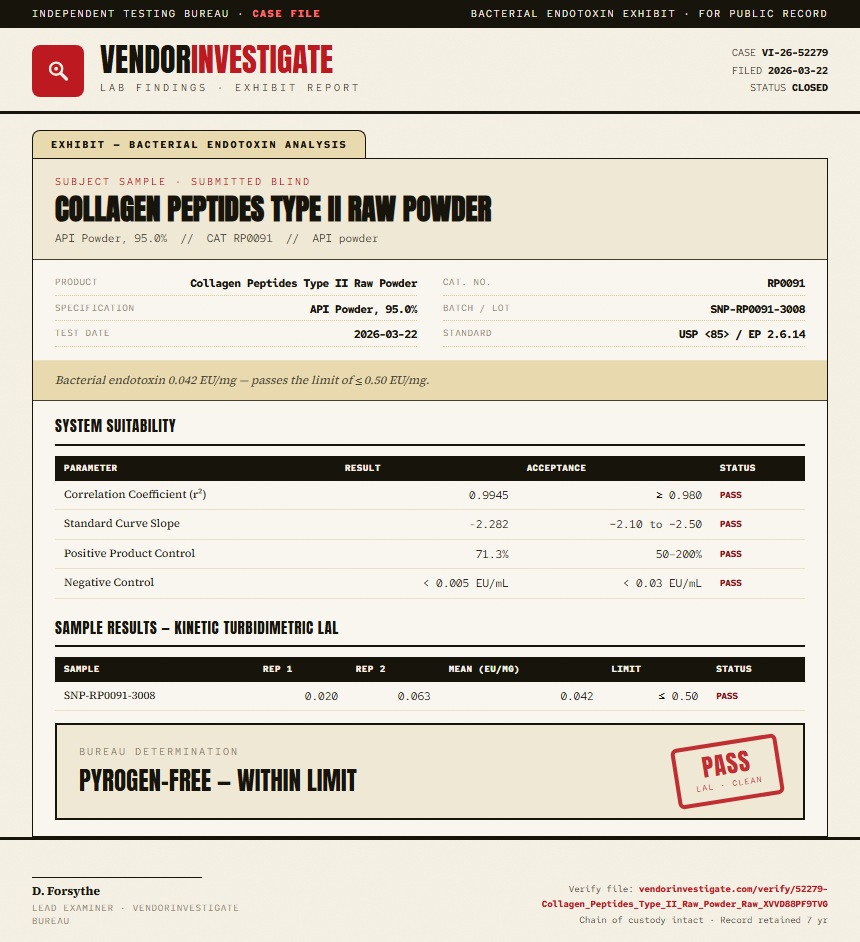 Collagen Peptides Type II Raw Powder Endotoxin report by VendorInvestigate