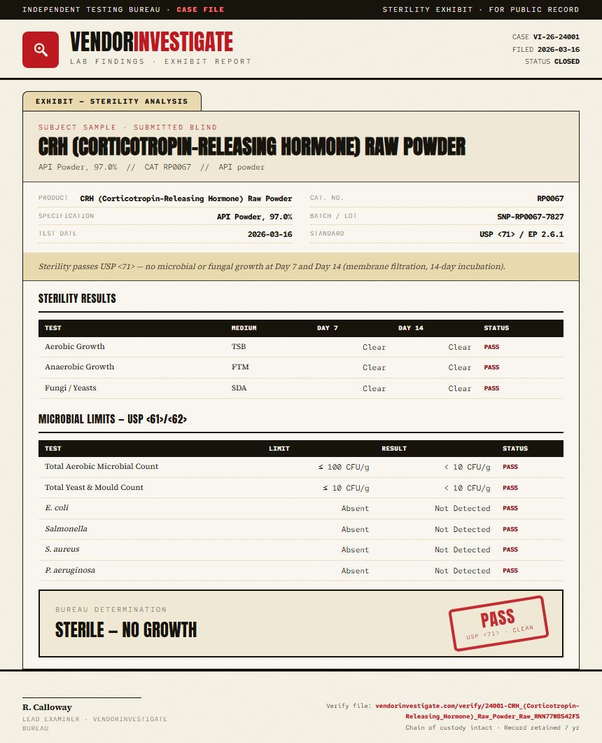 CRH (Corticotropin-Releasing Hormone) Raw Powder Sterility report by VendorInvestigate